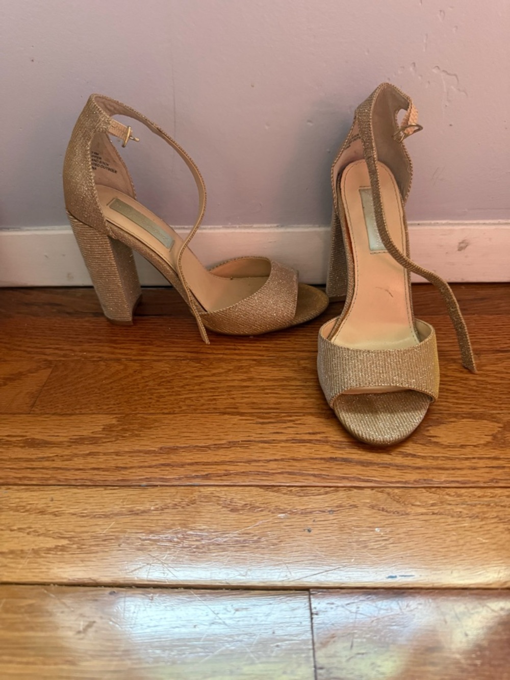 Women's Gold Glitter Block Heel Sandals with Ankle Strap